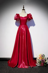 Burgundy Satin Long Evening Prom Dresses, Simple A-Line Evening Dresses