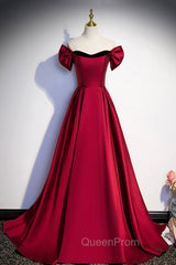 Burgundy Satin Long Evening Prom Dresses, Simple A-Line Evening Party Dresses