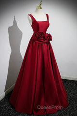 Burgundy Satin Long Evening Prom Dresses With Flowers, Elegant A-Line Party Dresses