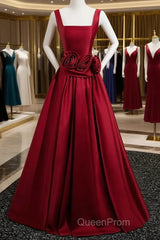 Burgundy Satin Long Evening Prom Dresses With Flowers, Elegant A-Line Party Dresses