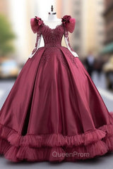 Burgundy Satin Long Sleeve Beading Evening Prom Dresses