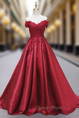 Burgundy Satin Off the Shoulder Appliques Evening Prom Dresses