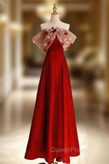 Burgundy Satin Off the Shoulder Flower Evening Prom Dresses