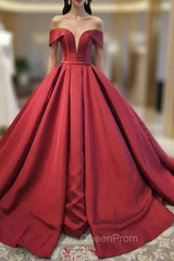 Burgundy Satin Off the Shoulder Evening Prom Dresses