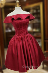 Burgundy Satin Off the Shoulder Homecoming Dresses