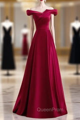 Burgundy Satin Off the Shoulder Pleats Long Evening Prom Dresses
