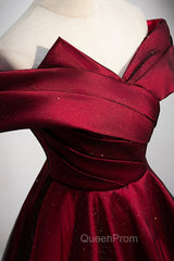 Burgundy Satin Off the Shoulder Evening Prom Dresses, A-Line Evening Graduation Dresses