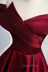 Burgundy Satin Off the Shoulder Evening Prom Dresses, A-Line Evening Graduation Dresses