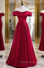 Burgundy Satin Off the Shoulder Evening Prom Dresses