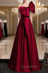 Burgundy Satin One Shoulder Bow Evening Prom Dresses