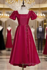 Burgundy Satin Puff Sleeve Backless Evening Prom Dresses