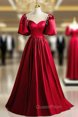 Burgundy Satin Puff Sleeve Beading Evening Prom Dresses