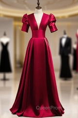 Burgundy Satin Puff Sleeve V-neck Backless Evening Prom Dresses