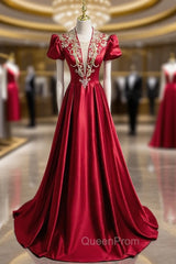 Burgundy Satin Sequins Beading Short Sleeve Evening Prom Dresses