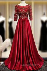 Burgundy Satin Sequins Short Sleeve Evening Prom Dresses