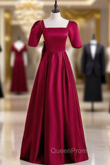 Burgundy Satin Short Sleeve Bow Evening Prom Dresses