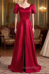 Burgundy Satin Short Sleeve Evening Prom Dresses With Split