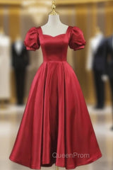 Burgundy Satin Short Sleeve Evening Prom Dresses