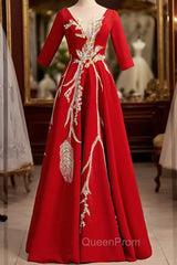 Burgundy Satin Short Sleeve Sequins Appliques Evening Prom Dresses