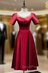 Burgundy Satin Short Sleeve Tea Length Evening Prom Dresses