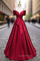 Burgundy Satin Spaghetti Straps Pleats Evening Prom Dresses