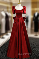Burgundy Satin Square Neck Short Sleeve Bow Evening Prom Dresses