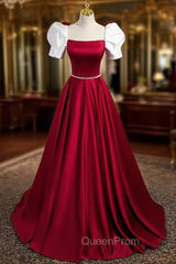 Burgundy Satin Square Neck Short Sleeve Evening Prom Dresses