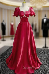 Burgundy Satin Square Puff Sleeve Beading Evening Prom Dresses