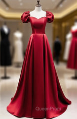 Burgundy Satin Square Puff Sleeve Beding Evening Prom Dresses