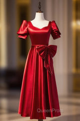 Burgundy Satin Square Puff Sleeve Pearls Bow Evening Prom Dresses