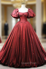 Burgundy Satin Square Puff Sleeve Pleats Evening Prom Dresses