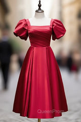 Burgundy Satin Square Puff Sleeve Evening Prom Dresses