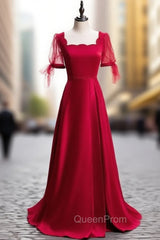Burgundy Satin Square Short Sleeve Beading Evening Prom Dresses