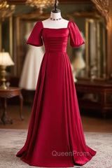 Burgundy Satin Square Short Sleeve Evening Prom Dresses