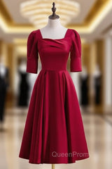 Burgundy Satin Square Short Sleeve Tea Length Evening Prom Dresses