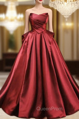 Burgundy Satin Srapless Pleats Evening Prom Dresses