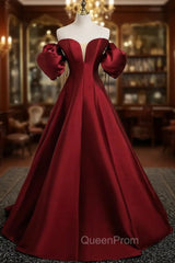 Burgundy Satin Strapless Puff Sleeve Evening Prom Dresses