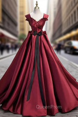 Burgundy Satin Strapls Pleats Evening Prom Dresses With Bow