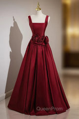 Burgundy Satin Straps Flower Evening Prom Dresses