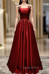 Burgundy Satin Straps Pearls Evening Prom Dresses
