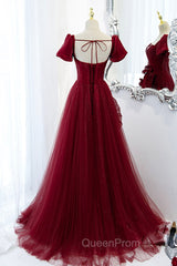 Burgundy Satin Tulle Long Evening Prom Dresses, A-Line Short Sleeve Evening Party Dresses