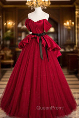 Burgundy Satin Tulle Long Evening Prom Dresses, Off Shoulder Evening Dresses