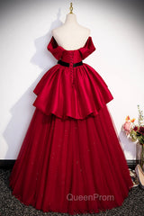 Burgundy Satin Tulle Long Evening Prom Dresses, Off Shoulder Evening Dresses