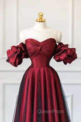 Burgundy Satin Tulle Long Evening Prom Dresses, Off Shoulder Evening Party Dresses