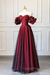 Burgundy Satin Tulle Long Evening Prom Dresses, Off Shoulder Evening Party Dresses