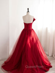 Burgundy Satin Tulle Long Evening Prom Dresses, Burgundy Evening Dresses