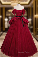 Burgundy Satin Tulle Off the Shoulder Evening Prom Dresses