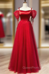 Burgundy Satin Tulle Spaghetti Straps Evening Prom Dresses