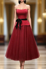 Burgundy Satin Tulle Strapless Evening Prom Dresses