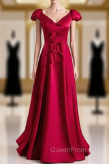 Burgundy Satin V-neck Cap Sleeve Bow Evening Prom Dresses